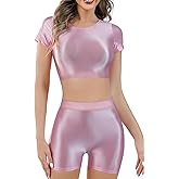 FEOYA Women's Two Piece Oil Shiny Glossy Shorts Sets Outfits Sexy Short Sleeve Crop Top with Booty Hot Pants for Club Party