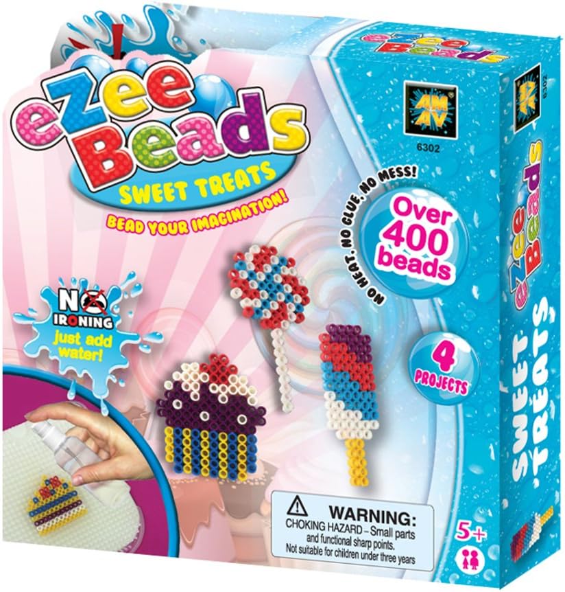 AMAV Toys Water Fuse Beads Kit for Kids Craft Art with 400 Beads, No Ironing, DIY Melting Beads Set, Pixel Beads Art Kit with Pegboards and Sweets Pattern Cards, Birthday Activity for Kids Aged 5+