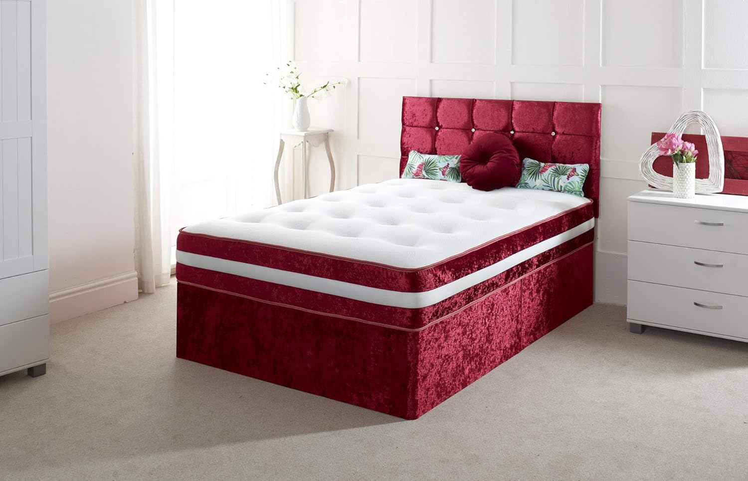 3FT Single Crushed Velvet Divan Bed with Matching Mattress and