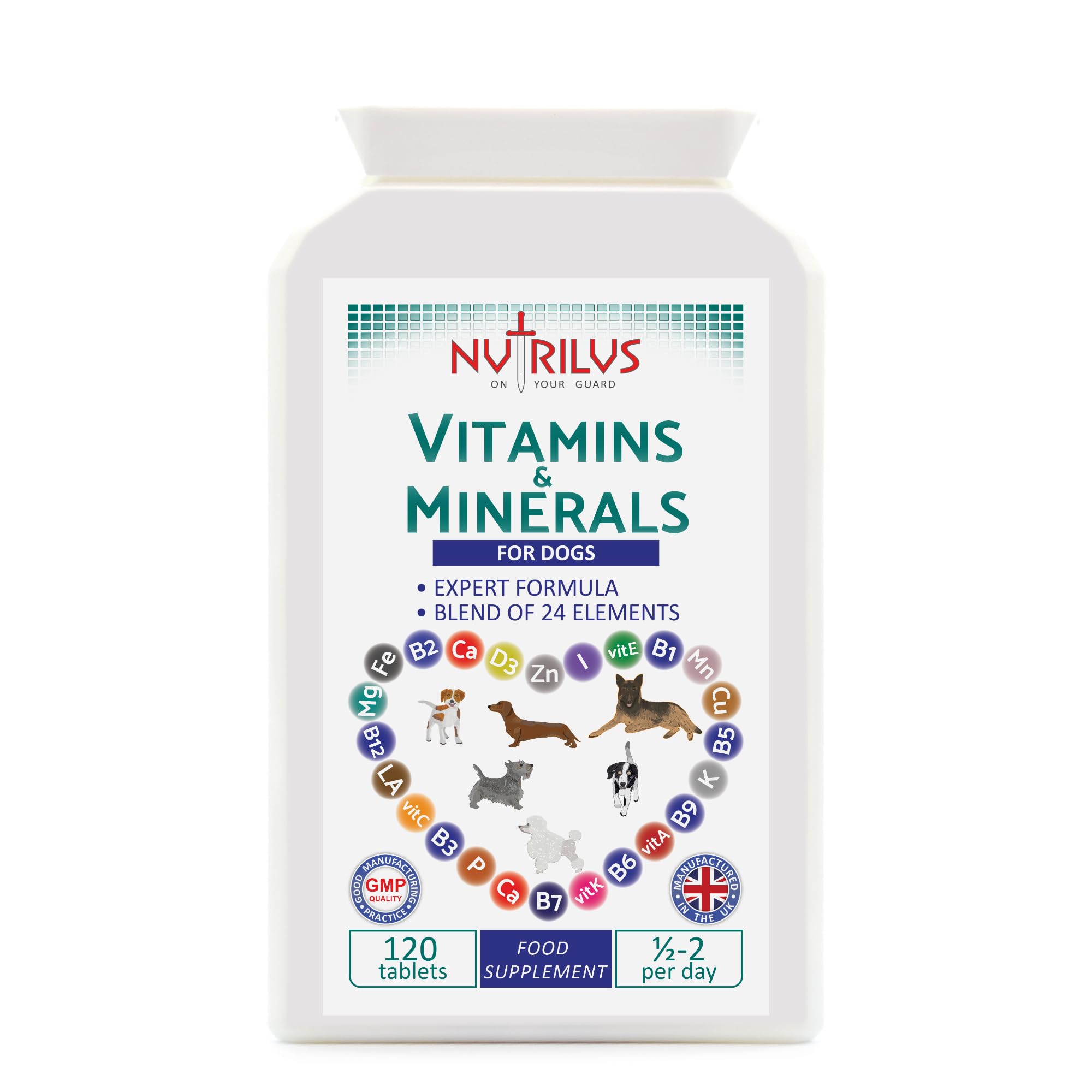 Nutrilus Vitamins and Minerals for Dogs - 120 Chewable Chicken Flavour Tablets - 24 Vitamins, Microelements and Omega 6 - Skin, Fur, Heart, Bones, Brain, Energy
