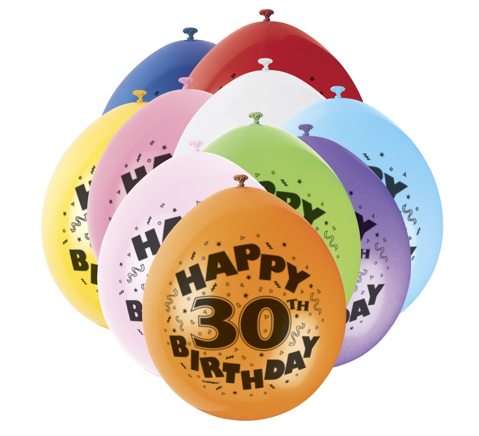 Unique Party 80312 - 9" Latex Assorted Happy 30th Birthday Balloons, Pack of 10