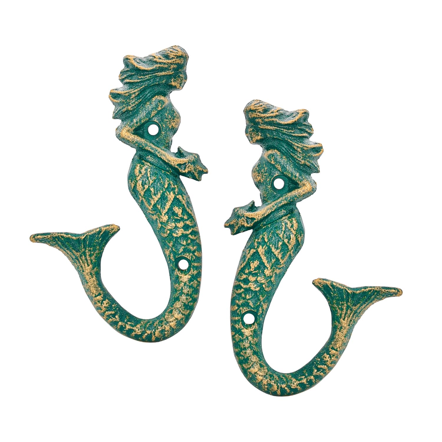 Photo 1 of Sungmor Set of 2 Cast Iron Mermaid Wall Hooks – Vintage Towel Hanger, Nautical Ocean Theme Decor with Antique Teal Finish – Heavy Duty Decorative Coat Hooks for Beach House, Bathroom, or Entryway