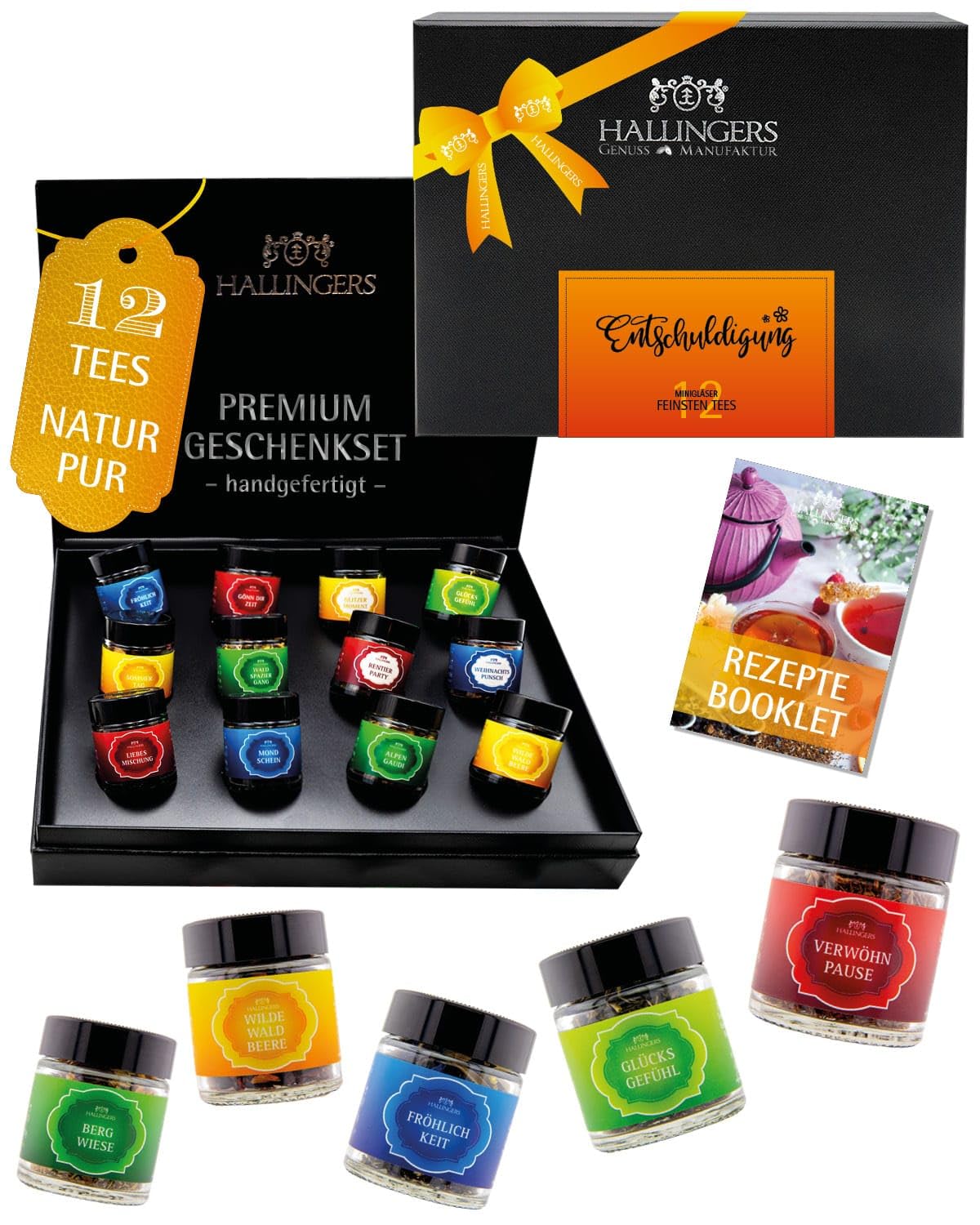 Hallingers Genuss Manufaktur Tee Geschenk-Set - 12 Sorten premium loser Tee Probierset in edler Geschenkbox mit Rezept-Booklet "Entschuldigung", Geschenkidee für Frauen Männer