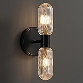 fansimone Matte Black Wall Sconces,12.3in 2-Light Knurled Glass Sconces Wall Lighting, Bathroom Brushed Brass Sconce, Wall Li
