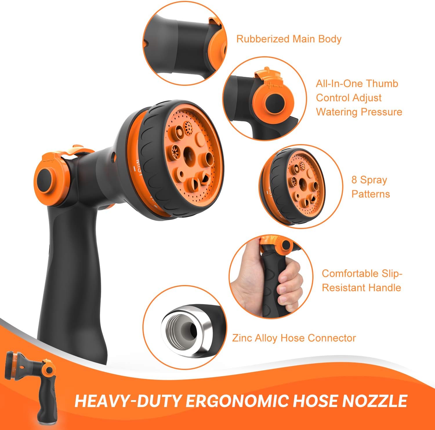 Waysonl Hose Nozzle Garden, Spray Nozzle High Pressure with 8 Adjustable Watering Patterns Thumb Control, Slip Resistant Heavy Duty Water Hose Nozzle for Garden Hose, Watering, Washing, Cleaning : Garden & Outdoor