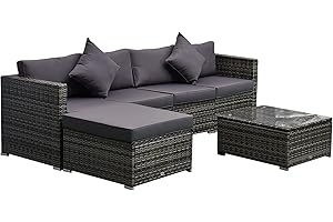 Outsunny 6 Piece Patio Furniture Set Outdoor Wicker Conversation Set All Weather PE Rattan Sectional Sofa Set with Ottoman, Cushions and Tempered Glass Table, Mixed Gray and Gray