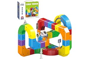 RMOKISIN Electric Train Set, Flexible Track Fusion Train Set, DIY Race Car Track Building Kits with Train and Traffic Signs, for 4-10 Year Old Boys Girls Christmas Birthday Party Gifts (81pcs)