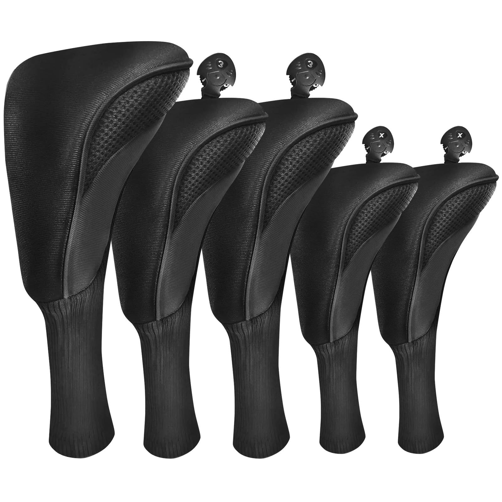 FINGER TEN Golf Club Head Covers for Woods Long Cover Driver Hybrid Fairway, Headcovers with Interchangeable No. Tag Novelty Durable Fit Woods Clubs (Dark-5 pack (1 Driver& 2 Fairway&2 Hybrid))
