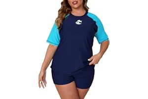 JOYBIK Women's Plus Size Two Piece Short Sleeve Rash Guard Sets with Built in Bra UPF50+ Swim Shirt Top and Shorts