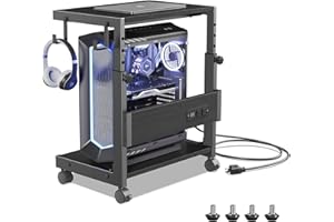 Hovadova Computer Tower Stand with Charge Station and USB Charging Port - Height Adjustable PC Tower Stand, Under Desk CPU Holder Cart with Locking Caster Wheels for Fits Most PC