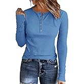 APOFER Womens Long Sleeves Ribbed Knit Tunic Shirts Scoop Neck Button Down Tops Casual Henley Tee Shirt Slim Fit Blouses