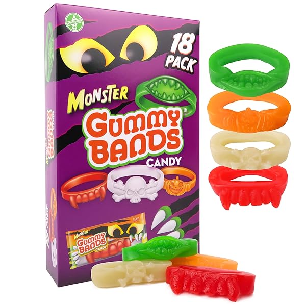 HALLOWEEN GUMMY CANDY BANDS TRICK OR TREAT PASS OUT TREATS, 18 PACK, INDIVIDUALLY WRAPPED, ASSORTED FLAVORS