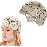iRIIRIO 1pc Women Cotton Crochet Skull Cap Handmade Knit Cutout Floral Beanie Hat Hollow Knitted Hat Lightweight (Beige)