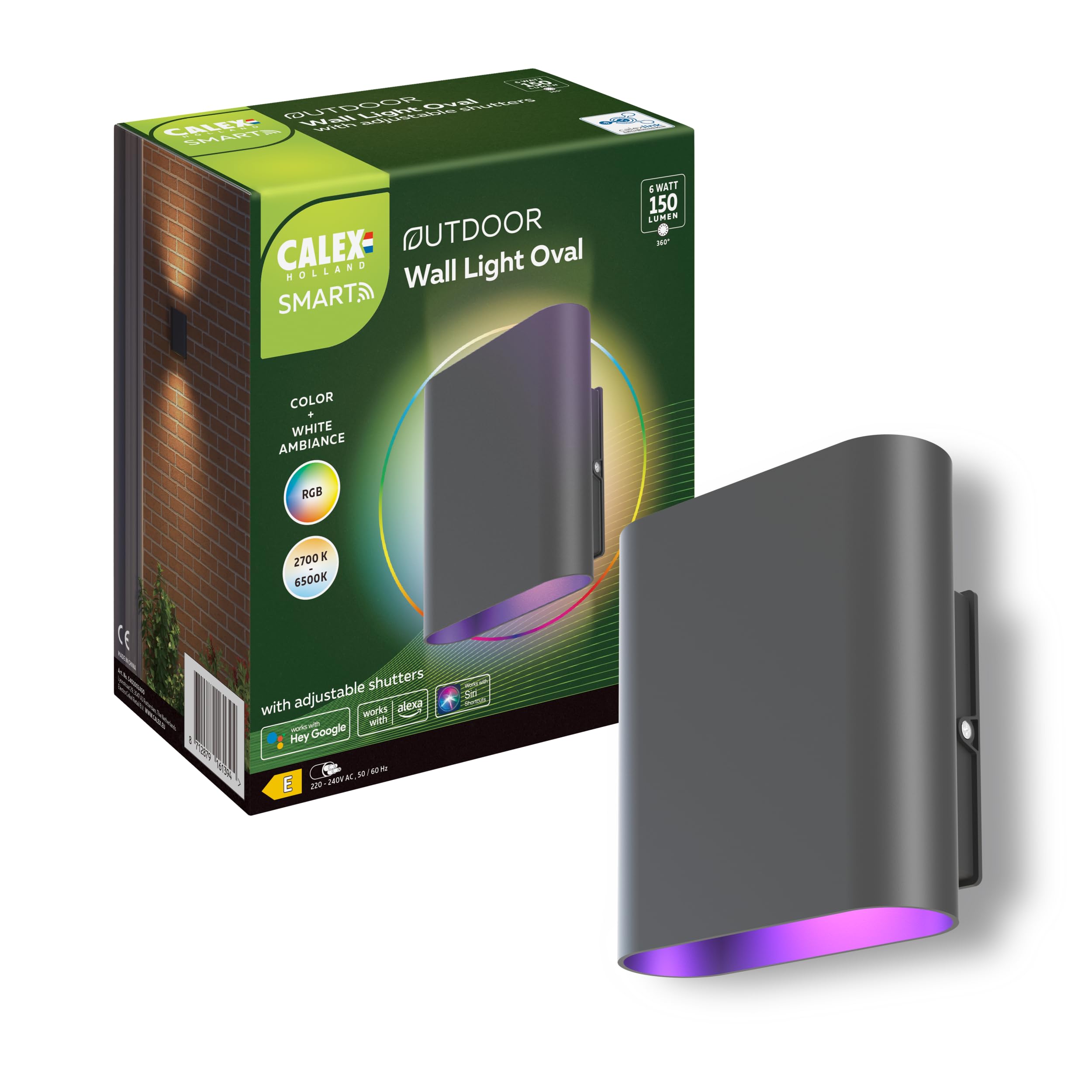 CALEX - Smart Outdoor Wall Light Oval, Bluetooth Mesh, RGB + Tunable White, 2700K-6500K, Adjustable Shutters, IP54