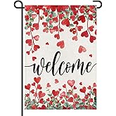 Valentines Day Garden Flag for Outside 12x18 Inch Double Sided, Red Heart Leaf Vine Welcome Yard Flags Sign for Front Porch, Lawn, Yard, Outdoor Decorations DF990