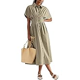 Burtell Women Casual Striped Button Down Pleated Shirt Maxi Dress Summer Lapel V Neck Short Sleeve Empire Waist Long Dress