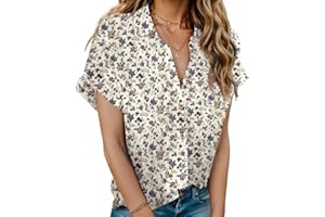 HOTOUCH Linen Cotton Womens Short Sleeve Shirts V Neck Collared Button Down Blouse Tops S-3XL