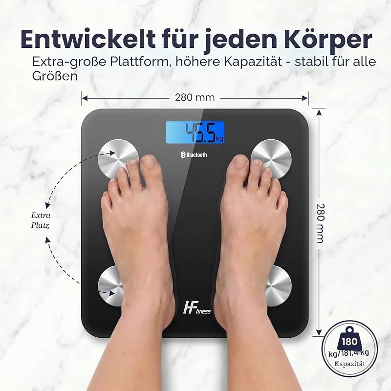 HFitness Personenwaage mit 19 Körperanalysewerten, Große 28×28cm Trittfläche, Bluetooth Körperfettwaage mit App, Digitale Körperanalysewaage Schwarz
