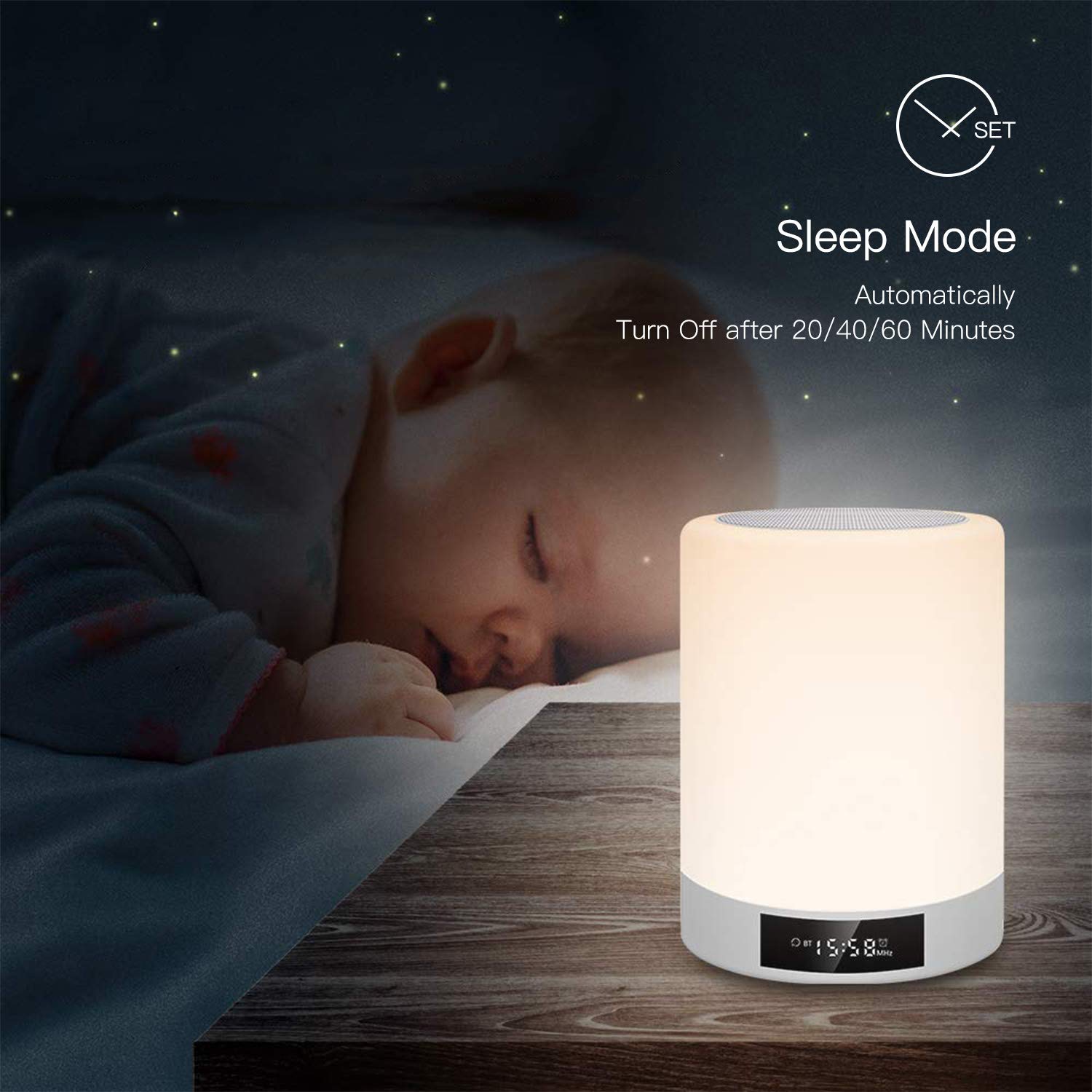 Lampe de Chevet avec Enceinte Bluetooth Musique Tactile Lampe de Table LED Multicolor Rechargeable avec Réveil, Horloge, Radio FM et Mains Libres Support Haut-parleur/Aux/Carte Micro SD Tikitaka