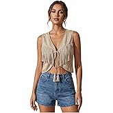 OYOANGLE Women's Studded Fringe Trim Tie Front Vest Top Boho Outfits 70s Hippie Western Cowgirl Sleeveless Jacket Outerwear