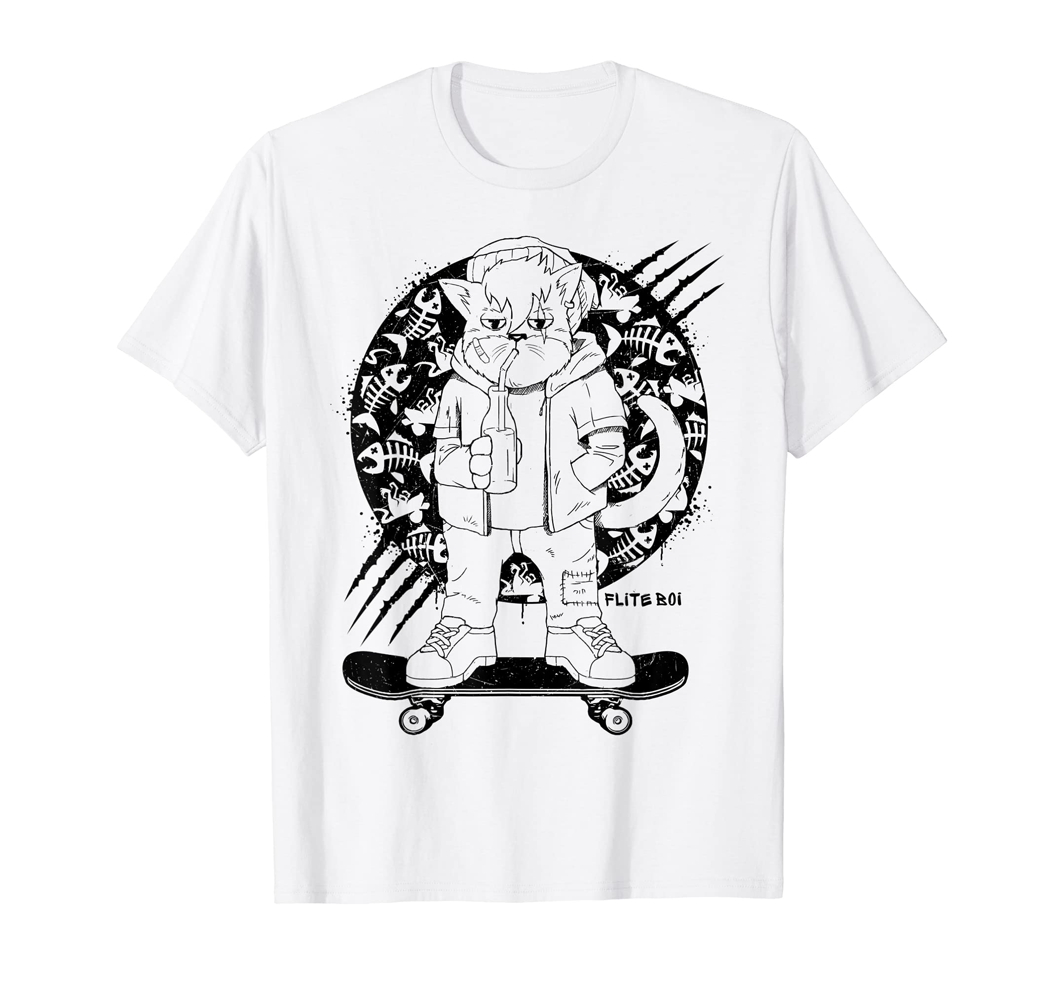 Flite Boi - Skateboards - Hip Urban Skater Cat Graphic T-Shirt