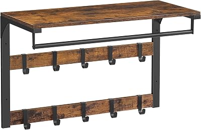 VASAGLE Wall-Mounted Coat Rack Shelf 10 Removable Hooks Rustic Brown Black