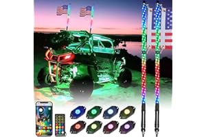 OHMU 2Pcs 4FT LED Whip Lights and 3rd-Gen Rock Lights Package with Bluetooth and Remote Control 360° Spiral Chase RGB 8 Pods Neon Light Offroad Warning Lighted Antenna Whip