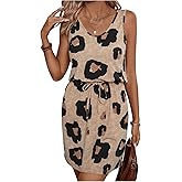 RoseSeek Women's Leopard Print Sleeveless Tank Dress Drawstring Waist Scoop Neck Dresses Summer Short Dress