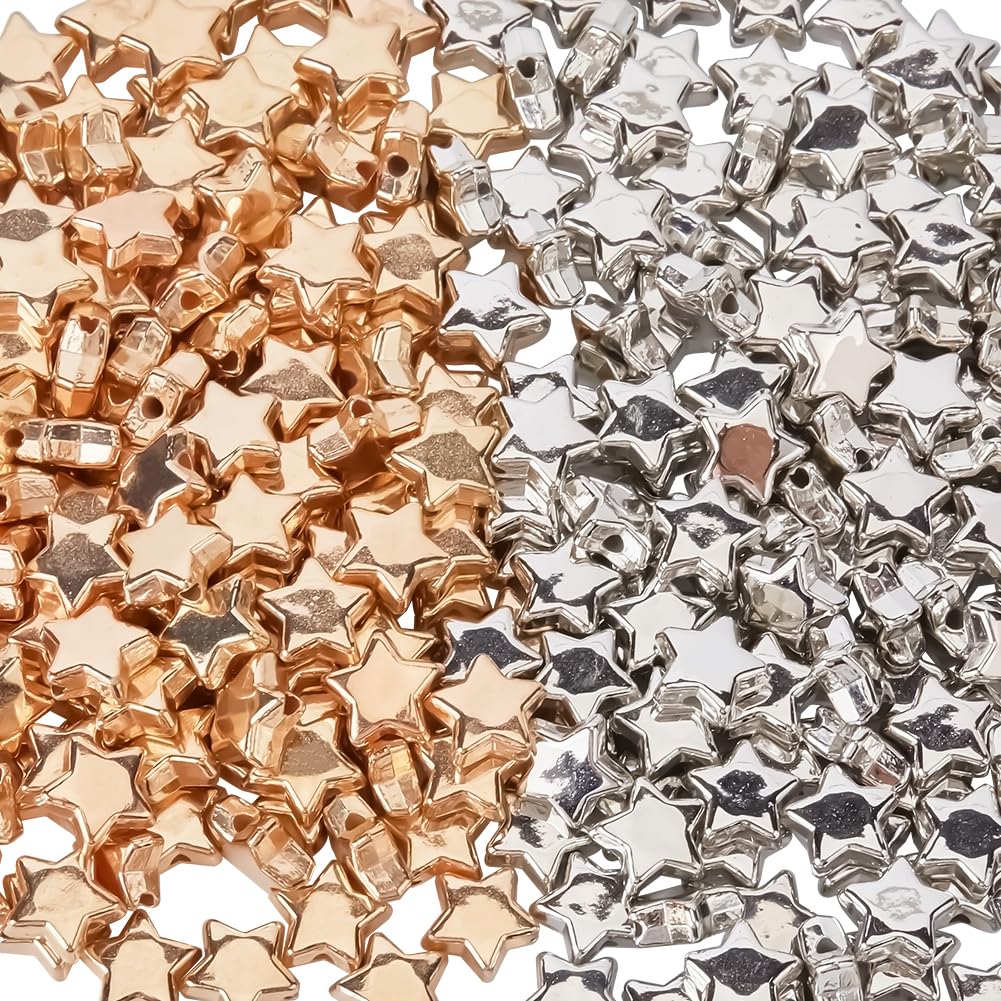 SOFPLATE 1 Box 400pcs Gold Plastic Star Beads Large Gold Star Beads Silver and Golden Five Pointed Stars Button Pentagram Loose Spacers Large Hole Bead for jewellery Making Bracelets women Necklaces D