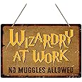 PETCEE Wizardry at Work No Muggles Allowed Door Signs 8"x 12" Funny Wizardry Hanging Wall Decor Welcome Wizards Hanging Plaque Vintage Magic Home Sign Magic Wizardry Signs for Indoor Office Home Decor
