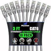 Maximm Cat6 Ethernet Cable 3 Ft, 10 Gbps 550 MHz, Gray, 10 Pack | Copper-Clad Aluminum deliver 10 Gbps up to 550 MHz