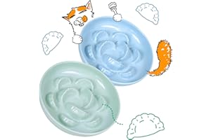 FULLCHARM 2 Pcs Cat Slow Feeder Bowl for Dry & Wet Food - Unbreakable Melamine Cat Food Plates for Slow Eating - Puzzle Feeder Bowl - Whisker Friendly & Dishwasher Safe & Non Slip Design (Blue + Green)