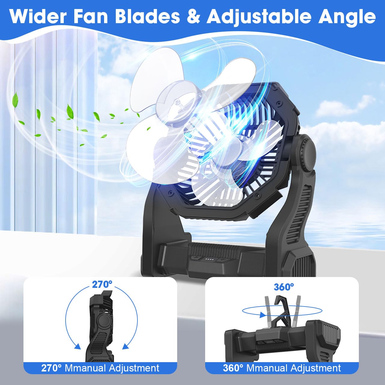 Portable Camping Fan with LED Light, 20000mAh Rechargeable Battery, Adjustable Brightness & Speed, Hanging & Handheld Design, Long-lasting Power for Camping, Hiking, Fishing, Travel, and Home（Black）