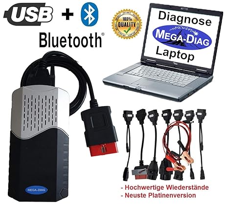 MEGA-DIAG KOMPLET-Set KFZ Profi DIAGNOSEGERÄT inkl. 15' Diagnose-Laptop PKW & LKW bis BJ. 2016 Wow OBD2
