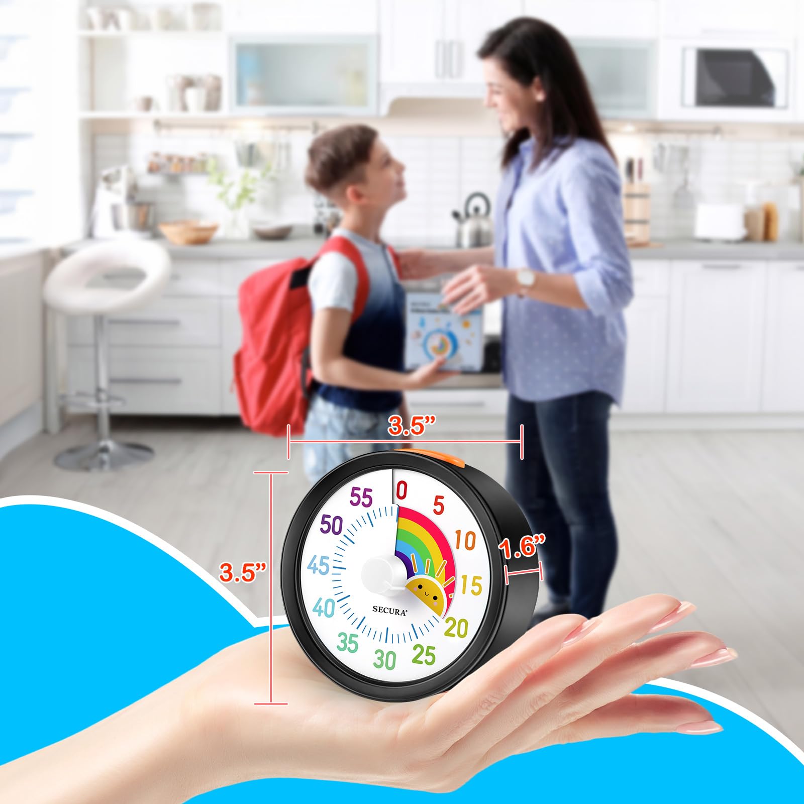 Secura 60-Minute Visual Timer for Kids, Classroom Countdown Timer with 'Rainbow' Pattern, Timer Management Tool for Kitchen, School, Office (Black & Sun)