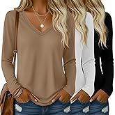Riyiper 3 Pack Women's V Neck T-Shirts Long Sleeve Casual Tops Regular Fit Layer Shirts Straight Hem Plain Winter Tees