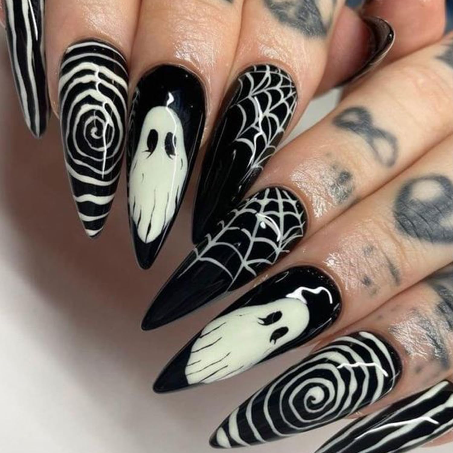 Halloween Horror Ghost Press on Nails Long Pointed Fake Nails Black White Stripe Spider Web Halloween Nail Art Designs Full Cover Glue on Nails Glossy Reusable Artificial False Nails for Women 24Pcs