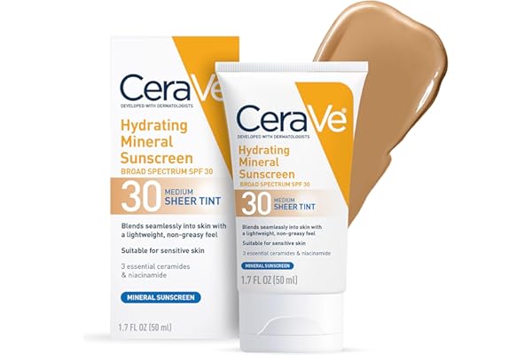 CeraVe Hydrating Mineral Sunscreen SPF 30 with Sheer Tint, Tinted Mineral Sunscreen with Zinc Oxide & Titanium Dioxide, Blend