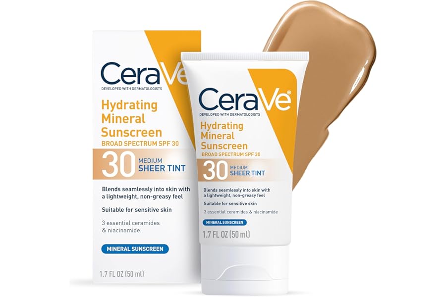 CeraVe Hydrating Mineral Sunscreen SPF 30 with Sheer Tint, Tinted Mineral Sunscreen with Zinc Oxide & Titanium Dioxide, Blends Seamlessly For Healthy Glow, Medium, 1.7 Fluid Ounce