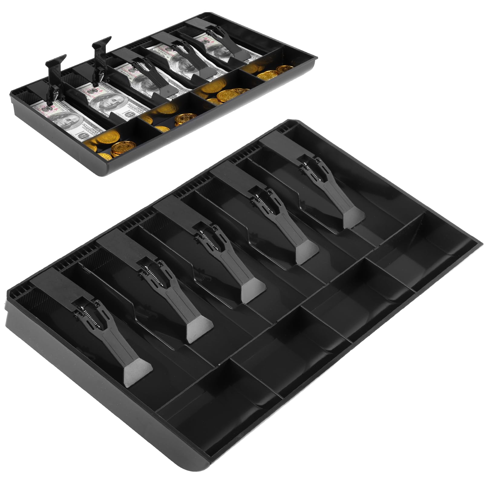 Cash Tray Cash Register Drawer Insert Tray,5 Bill & 4 Coin Compartments, Durable ABS Money Storage Case, Spring Clip Money Organizer for Banks Supermarkets Stores