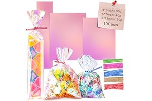 Cherodada Cellophane Treat Bags, 4x6, 5x7, 3x12 Inch Iridescent Cellophane Bags with Twist Ties, Celebrations Baby Showers Weddings Birthday Party Gift Wrapping(Pack of 100)