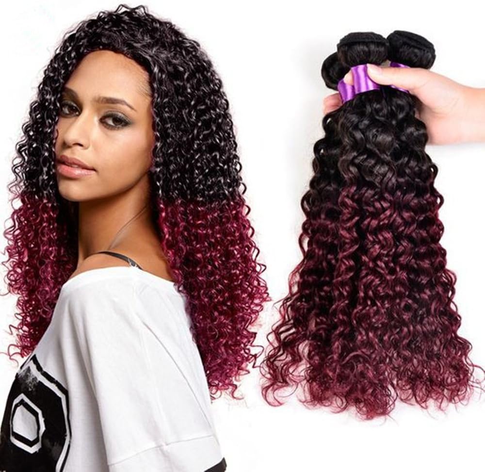 SQ Hair Brazilian Jerry Curl Weave Two Tone Hair Bundles Weave Hair Human 3 Bundles Kinky Curl Brazilian Curly Hair Weave Human Bundles 1B/99J Burgundy 20 22 24