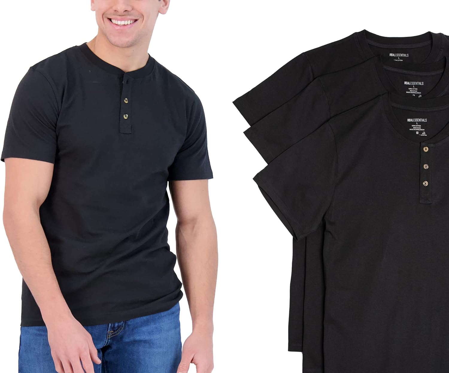 Real Essentials 3 PackMens Casual Short Sleeve Cotton Henley TShirt