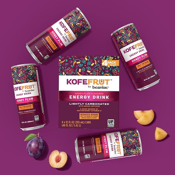 KOFEFRUT BY BEANIAC CAFFEINATED ENERGY DRINK, HONEY PLUM, LIGHTLY CARBONATED, REDUCED SUGAR, 80MG CAFFEINE, POLYPHENOLS, ANTIOXIDANTS, VITAMIN C, 12 FL OZ CAN (PACK OF 4)