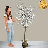 6ft Light Up Cherry Blossom Tree with Lights & Plant Basket, Tall Fake Tree, Artificial White Decorative Tree, Japandi Home Decor Living Room, Sakura Tree, Arbol De Cerezo Artificial Grande