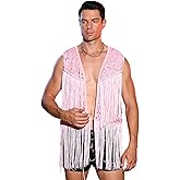 WDIRARA Men's Contrast Sequins Fringe Trim Sleeveless Open Front Party Club Jacket