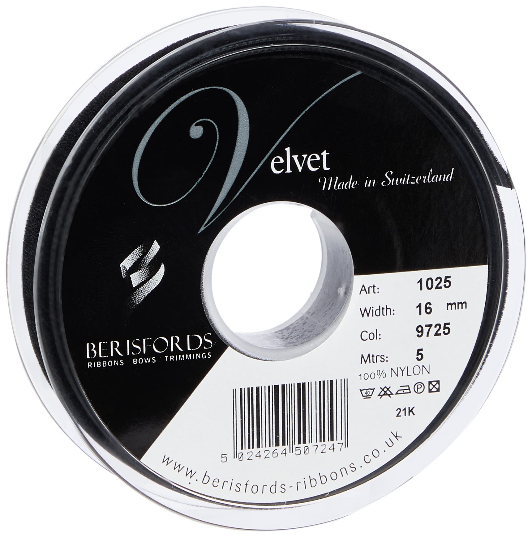 Berisfords Velvet Ribbon, Black, 16mm