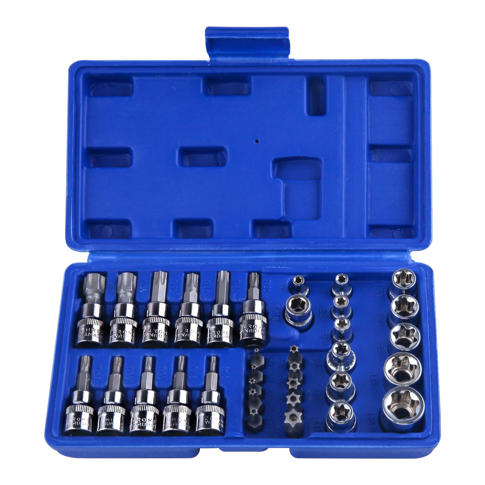 LEONTOOL 34 PCS Torx Bit Socket Set, E Socket Set E4-20, Torx Bit Socket Set T10-60, Tamper Proof Torx Bit Set TT10-TT55, 5/16"F to 3/8"M Adapter, with Storage Case For Hand Use Work On Auto Mechanic