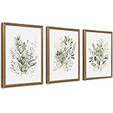 WRFON Framed Sage Green Botanical Wall Art Set of 3, Watercolor Eucalyptus & Wild Plant Canvas Prints, Minimalist Green Wall Decor for Living Room Bedroom Bathroom, 12x16 Inches