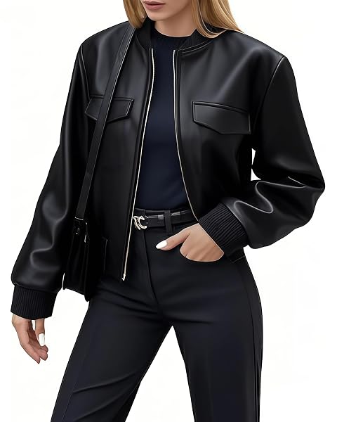 OMMIIVEX BLACK WOMEN LEATHER JACKET FAUX CROPPED BOMBER...